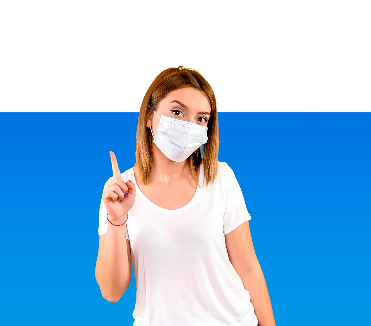 young woman with one finger up and white face-mask